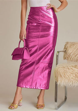 Business Chic Pink High Waist Metallic Maxi Skirt