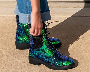 Lace Up Glitter Sequin Green Combat Boots