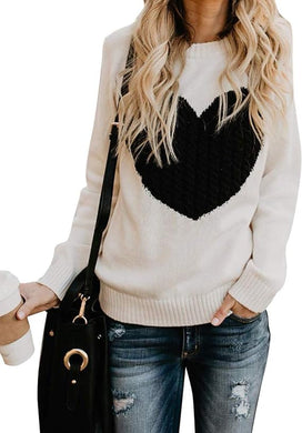Winter Heart Patchwork White/Black Knit Long Sleeve Sweater