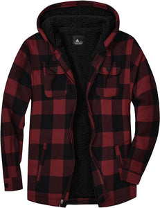 Men's Sherpa Red Lined Zip Up Hooded Long Sleeve Jacket