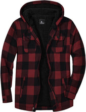 Load image into Gallery viewer, Men&#39;s Sherpa Red/Black Lined Zip Up Hooded Long Sleeve Jacket