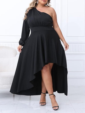 Plus Size Black One Sleeve Cascading Ruffle Maxi Dress