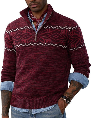 Men's Quarter Zip Maroon Red Long Sleeve Cable Knit Sweater