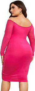 Plus Size Pink Ruched Mesh Long Sleeve Mini Dress