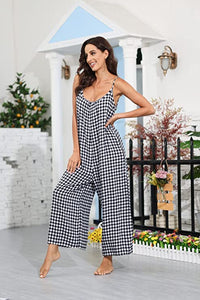 Travel Style Red Plaid Sleeveless Loose Fit Jumpsuit