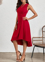 Load image into Gallery viewer, Red Sleeveless Ruched Flowy Midi Cocktail Party Dress