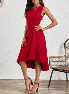 Red Sleeveless Ruched Flowy Midi Cocktail Party Dress