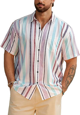 Men's Vacation Striped Summer Short Sleeve Light Gray Striped Shirt