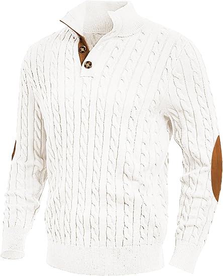 Men's Cable Knit Patchwork Zip Front White Sweater