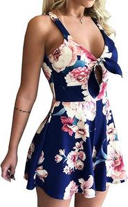 Floral Tie Knot Black Sleeveless Shorts Romper