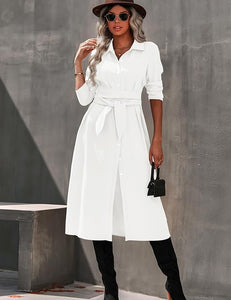 Fall Fashion White Button Down Long Sleeve Belted Dress