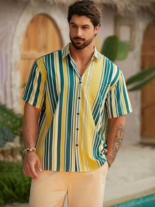 Men's Vacation Striped Summer Short Sleeve Beige Striped Shirt