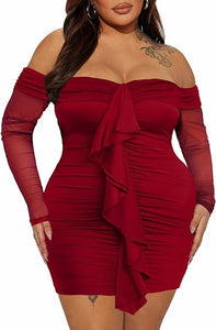 Plus Size Red Off Shoulder Ruffled Mini Dress