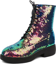 Load image into Gallery viewer, Lace Up Glitter Sequin Green Gradient Combat Boots