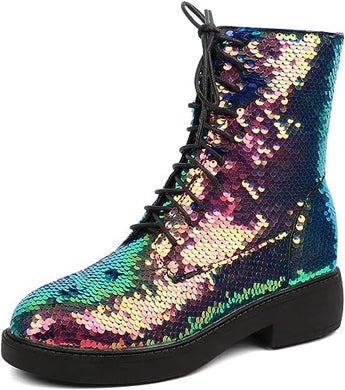 Lace Up Glitter Sequin Green Gradient Combat Boots