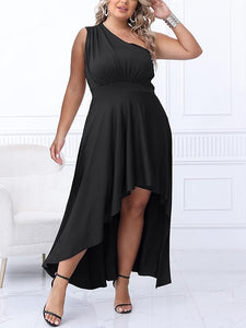 Plus Size Black One Sleeve Cascading Ruffle Maxi Dress
