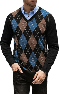 Men's Black Diamond Knit Long Sleeve Button Neck Sweater
