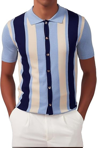 Men's Golf Style Striped Short Sleeve Sky Blue Shirt