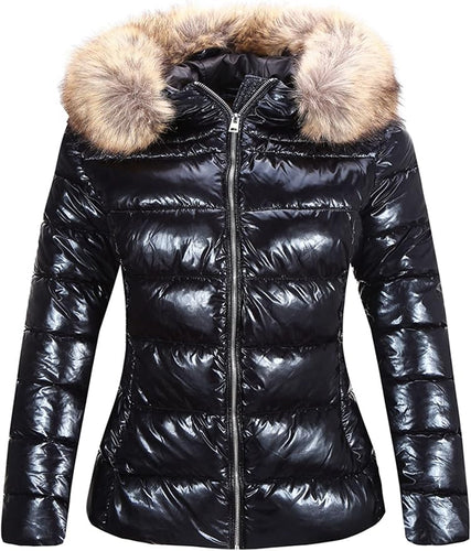 Metallic Black Faux Fur Hooded Long Sleeve Puffer Coat