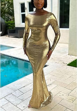 Load image into Gallery viewer, Moroccan Gold Backless Ruched Maxi Dress