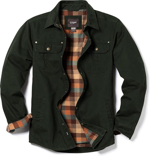 Men's Olive Green Cotton Flannel Long Sleeve Shirt Jacket