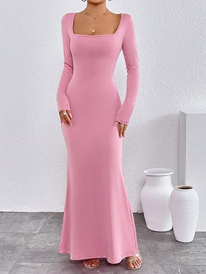 Comfort Knit Soft Pink Long Sleeve Fishtail Maxi Dress