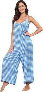 Travel Style Red Plaid Sleeveless Loose Fit Jumpsuit