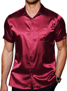 Men's Satin Black Button Up Short Sleeve Shirt