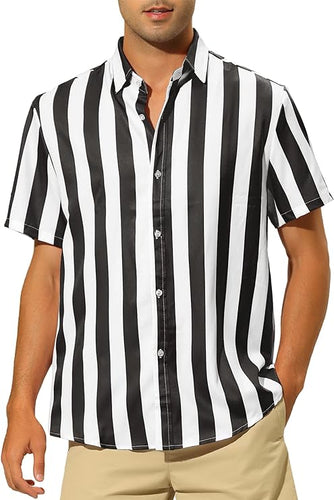 Men's Black & White Striped Button Down Short Sleeve Shirt