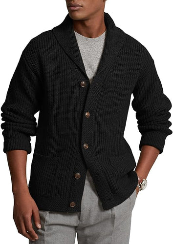 Men's Black Knit Shawl Ribbed Button Knit Long Sleeve Cardigan