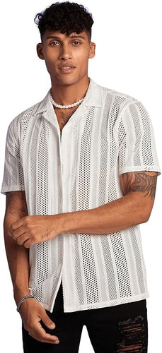 Men's White Crochet Knit Short Sleeve Shirt