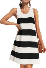 Load image into Gallery viewer, Black &amp; White Striped Sleeveless Tunic Dress