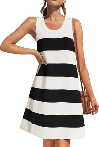 Black & White Striped Sleeveless Tunic Dress