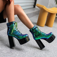 Load image into Gallery viewer, Lace Up Glitter Sequin Turquoise Green Combat Boots