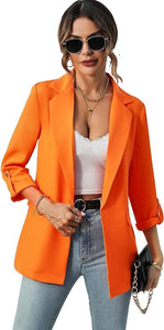 Stylish Orange Open Front Long Sleeve Blazer Jacket