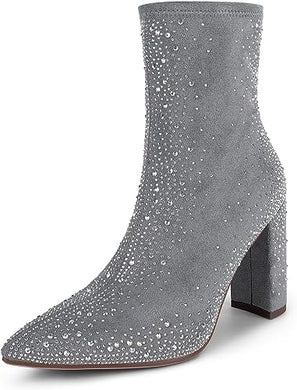 Sparkle Grey Pointed Toe Chunky Heel Ankle Boots