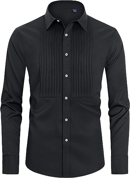 Men's Formal Pleated Tuxedo Black Long Sleeve Shirt