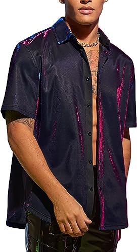 Men's Holographic Metallic Black Short Sleeve Shirt