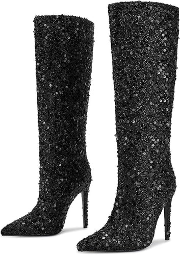 Black Sequin Sparkle Glitter Stiletto Boots