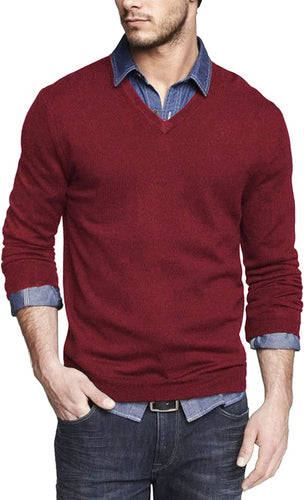 Men's Soft Knit Wine Red V Neck Long Sleeve Sweater