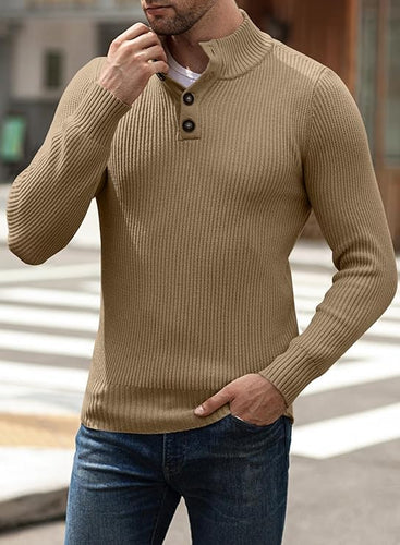 Men's Khaki Knit Button Front Long Sleeve Turtleneck Sweater