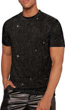 Load image into Gallery viewer, Men&#39;s Black Mesh Crewneck Sequin Short Sleeve Shirt
