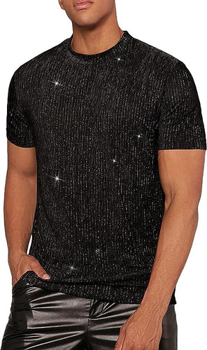 Men's Black Mesh Crewneck Sequin Short Sleeve Shirt