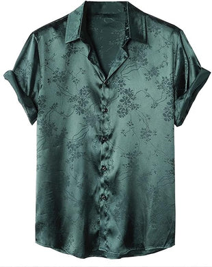 Men's Satin Dark Green Floral Short Sleeve Button Down Shirt