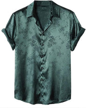 Load image into Gallery viewer, Men&#39;s Satin Blue Floral Short Sleeve Button Down Shirt