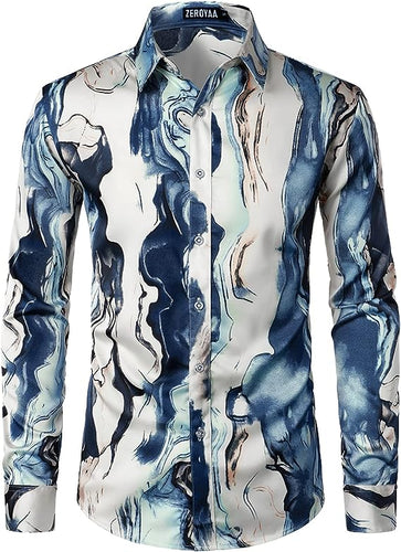 Men's Luxury Satin Blue/White Art Deco Long Sleeve Dress Shirt