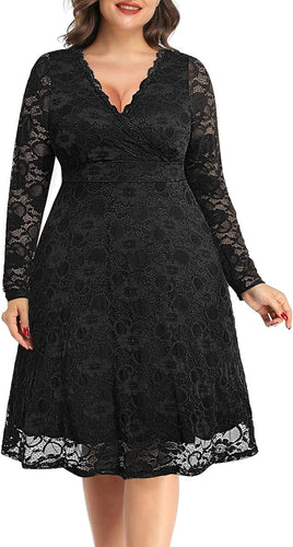 Plus Size Black Lace Long Sleeve Cocktail Dress