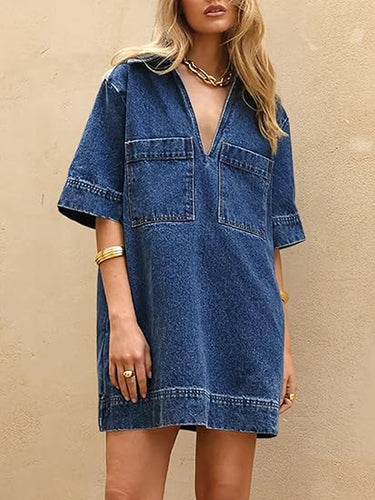 Dark Blue Denim Deep V Jean Mini Dress