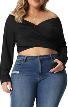 Load image into Gallery viewer, Plus Size Black Cross Wrap Long Sleeve Crop Top