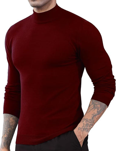 Men's Red Wine Soft Knit Mock Neck Long Sleeve Sweater